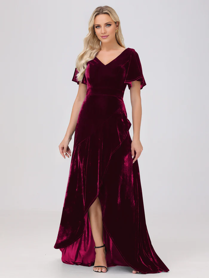 V-neck short sleeved ruffled velvet and floor length bridesmaid dress