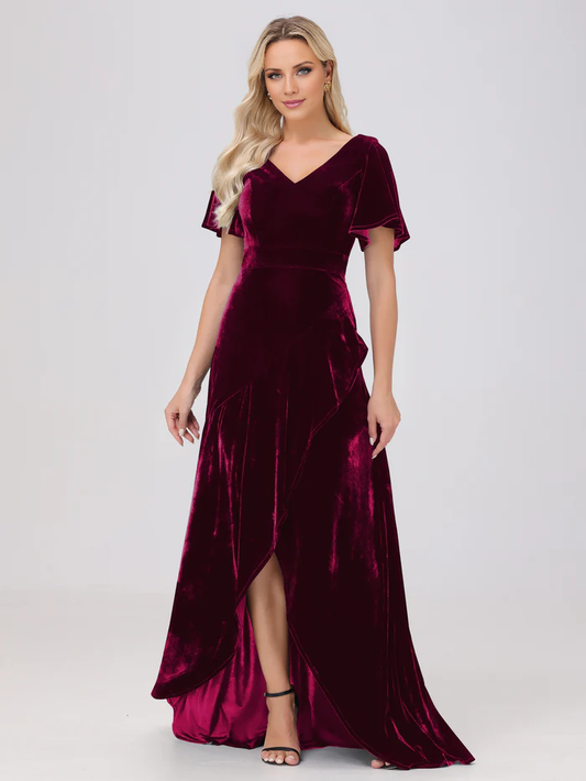 V-neck short sleeved ruffled velvet and floor length bridesmaid dress