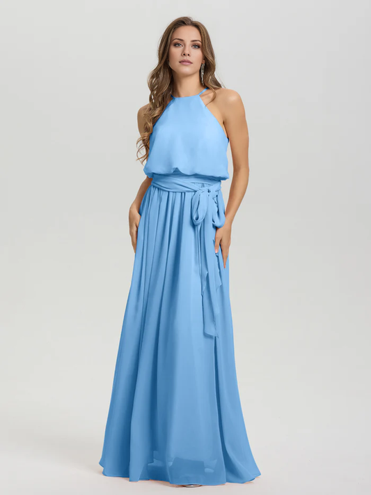 Hanging neck low round neck sleeveless chiffon and floor length Bridesmaid dresses