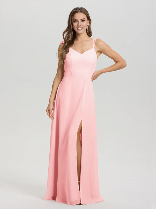 V-neck shoulder strap tied chiffon slit and floor length bridesmaid dress