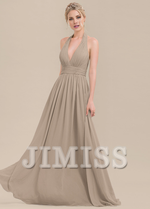 Ruffled A-Line Halter Neck Floor Length Chiffon Bridesmaids Dress