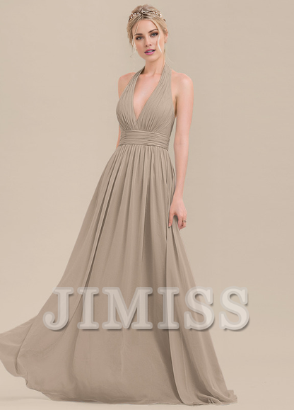 Ruffled A-Line Halter Neck Floor Length Chiffon Bridesmaids Dress