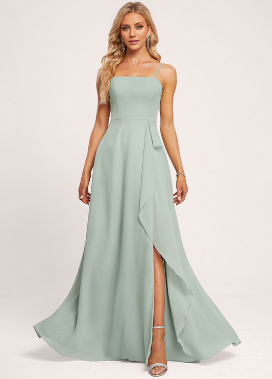 Ruffled A-Line Square Floor-Length Chiffon Bridesmaids Dress