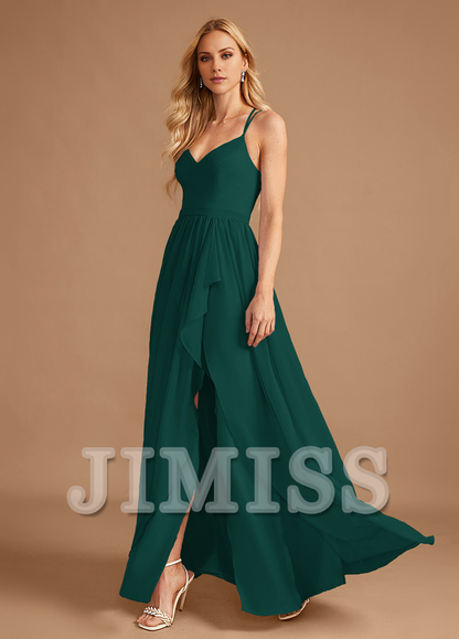 A-Line V-Neck Asymmetric Ruffle Chiffon Bridesmaids Dress