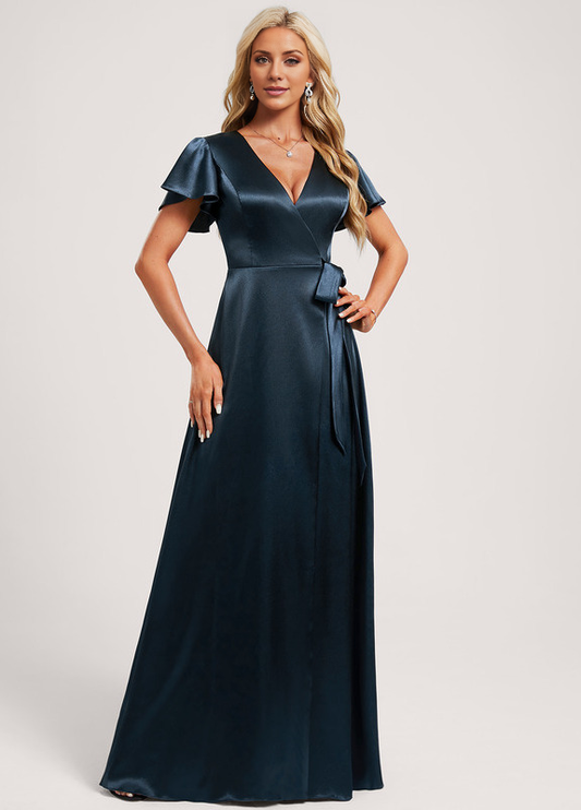 A-Line V-Neck Floor-Length Stretch Satin Bridesmaids Dress
