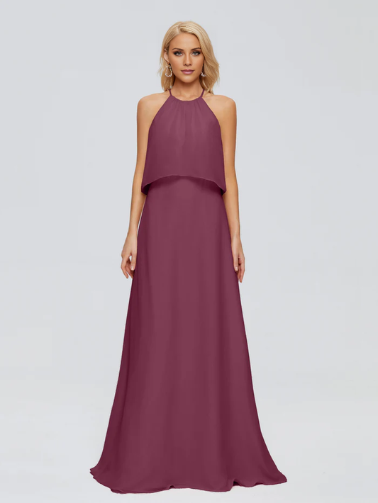 Post neck chiffon and floor length bridesmaid dress