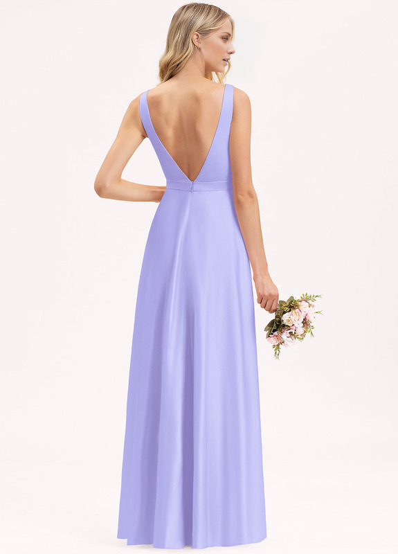 A-line V-neck floor-length satin bridesmaid dress