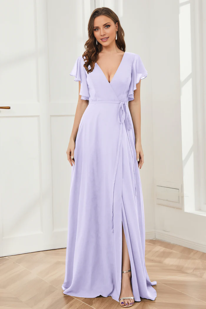 V-neck ruffled sleeve chiffon slit and floor length bridesmaid dress