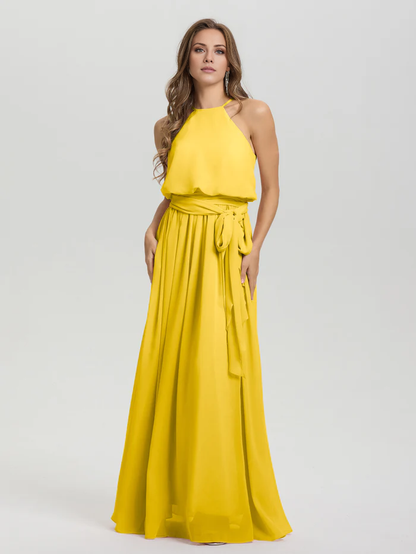 Hanging neck low round neck sleeveless chiffon and floor length Bridesmaid dresses