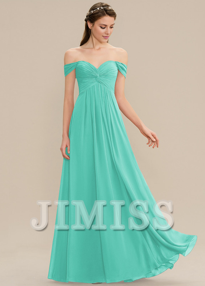 Ruffled A-line Off-the-shoulder Floor-length Chiffon Bridesmaids Dress