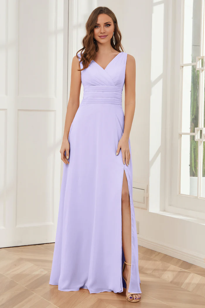 V-neck sleeveless chiffon side slit and floor length bridesmaid dress