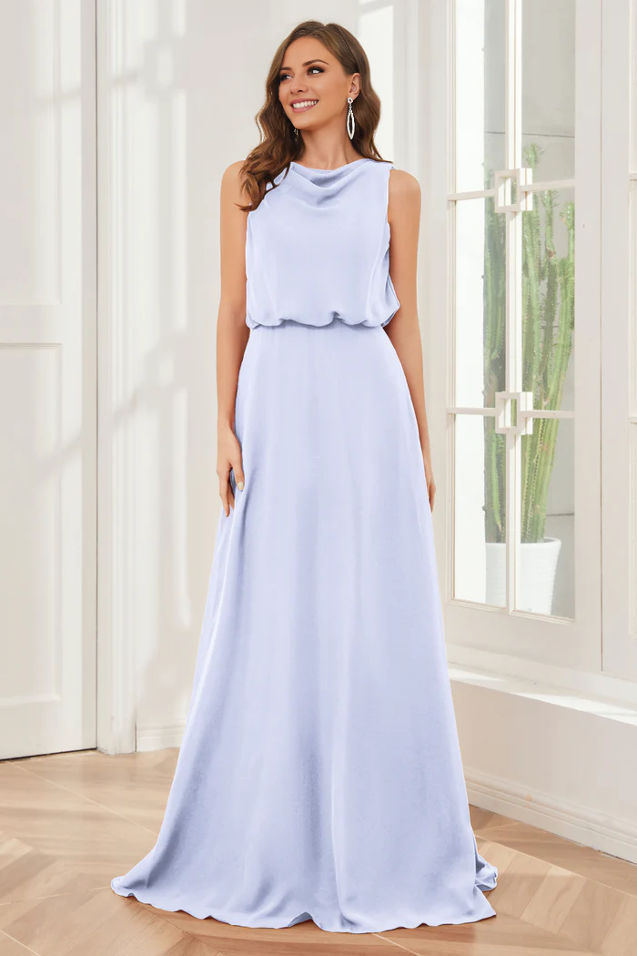 Pillar style wind neck sleeveless chiffon and floor length bridesmaid dress