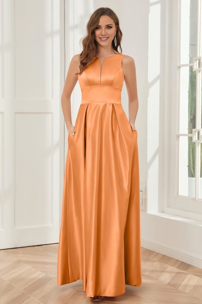 A-line sleeveless satin and floor length bridesmaid dress
