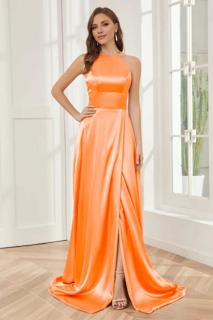 Column neck hanging soft satin and floor length bridesmaid dress