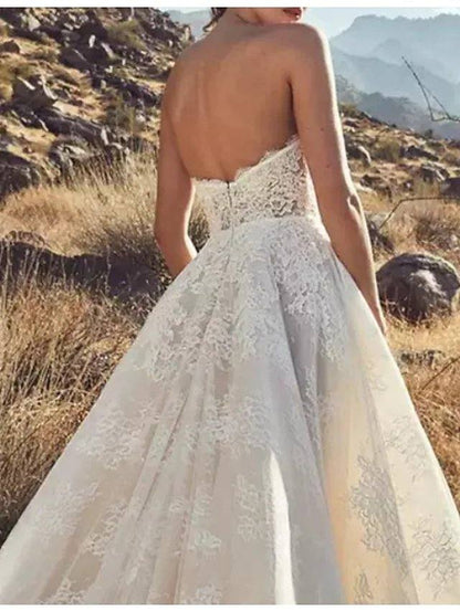 A-Line Wedding Dresses Strapless Floor Length Lace Tulle Sleeveless Country Sexy Luxurious Backless with Appliques - RongMoon