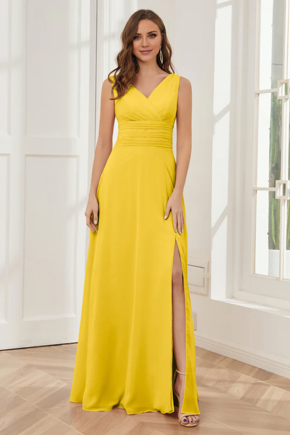 V-neck sleeveless chiffon side slit and floor length bridesmaid dress