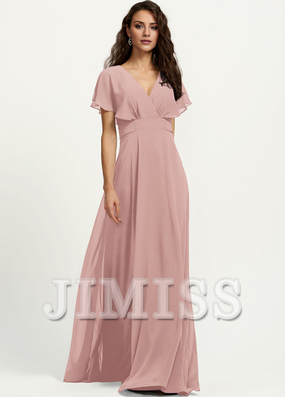 A-line V-neck floor-length chiffon bridesmaid dress