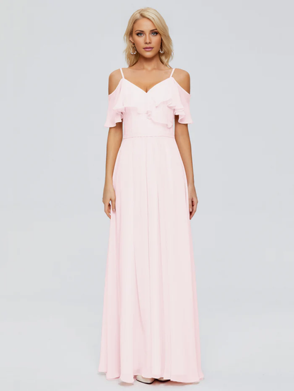 Thin shoulder strap ruffled chiffon and floor length bridesmaid dress