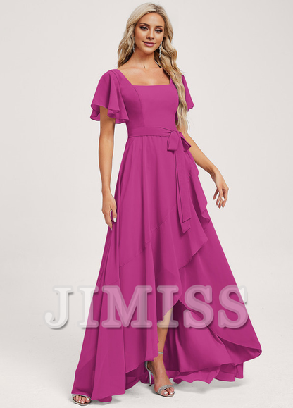 A-line square asymmetric chiffon bridesmaid dress