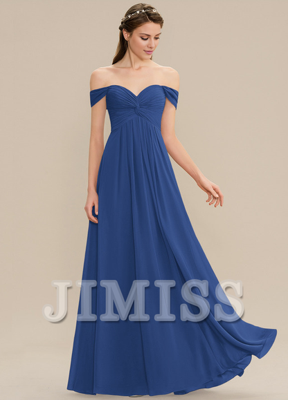 Ruffled A-line Off-the-shoulder Floor-length Chiffon Bridesmaids Dress