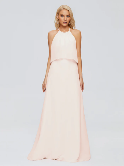 Post neck chiffon and floor length bridesmaid dress