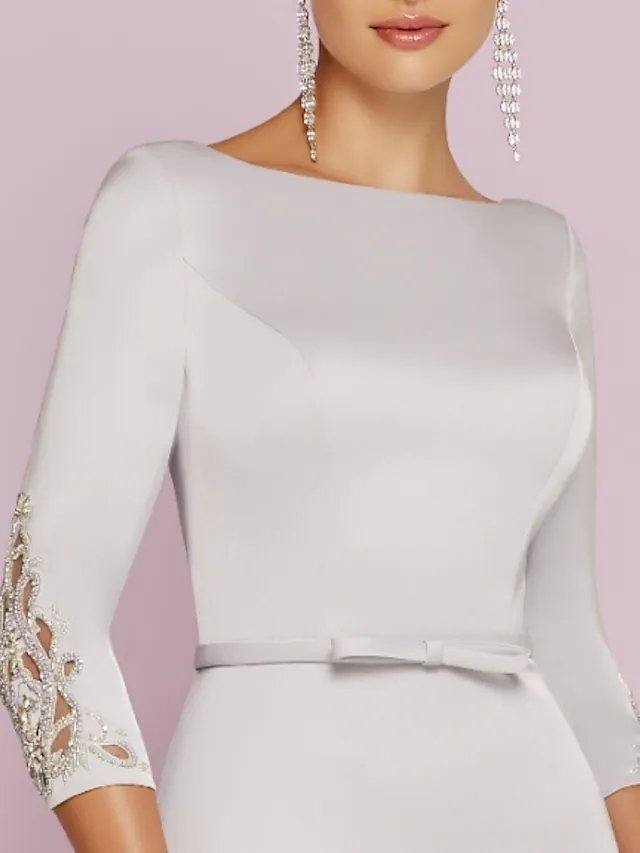Sheath / Column Mother of the Bride Dress Plus Size Bateau Neck Floor Length Satin 3/4 Length Sleeve with Bow(s) Beading - RongMoon