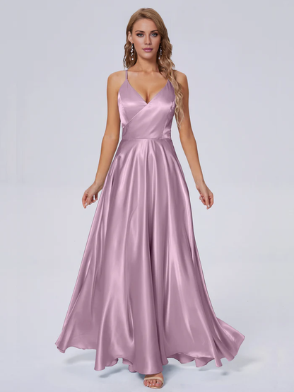 Elegant shoulder strap soft satin and floor length bridesmaid dress