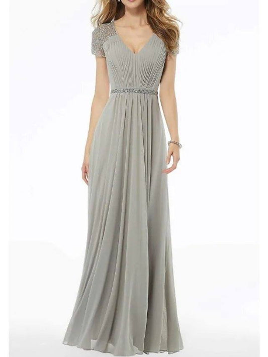 A-Line Mother of the Bride Dress Elegant V Neck Floor Length Chiffon Lace Short Sleeve with Lace Beading - RongMoon