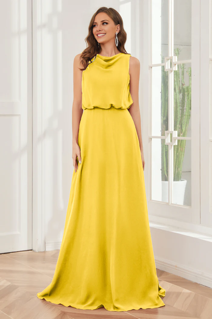 Pillar style wind neck sleeveless chiffon and floor length bridesmaid dress