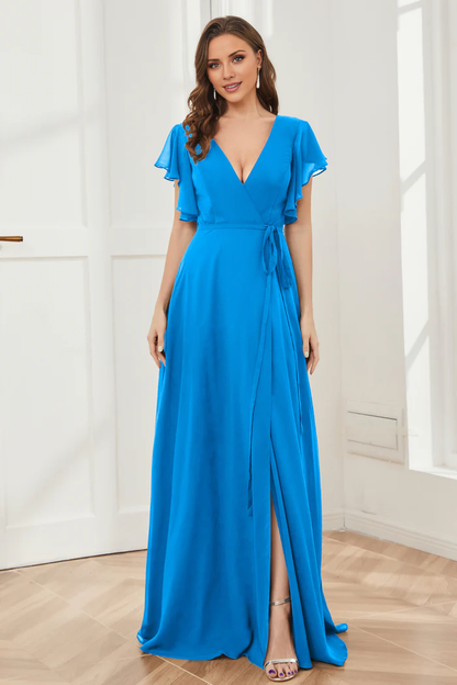 V-neck ruffled sleeve chiffon slit and floor length bridesmaid dress