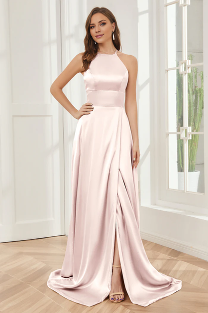 Column neck hanging soft satin and floor length bridesmaid dress