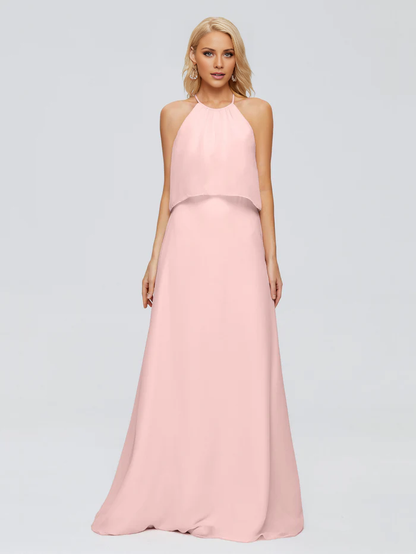 Post neck chiffon and floor length bridesmaid dress