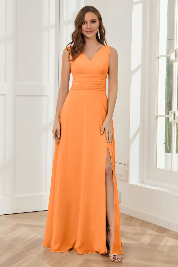 V-neck sleeveless chiffon side slit and floor length bridesmaid dress