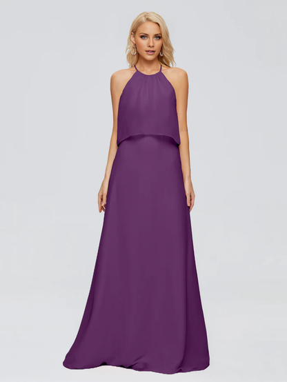Post neck chiffon and floor length bridesmaid dress