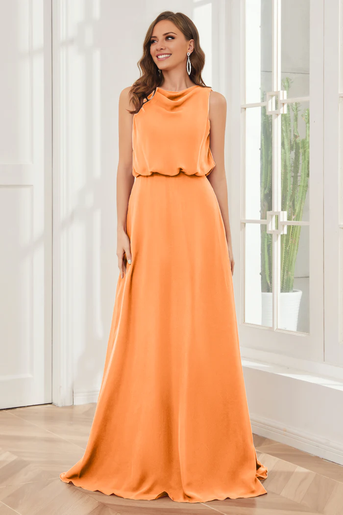 Pillar style wind neck sleeveless chiffon and floor length bridesmaid dress