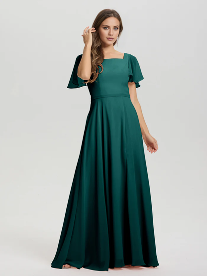 A-line square collar ruffled short sleeved and ground chiffon/ground length bridesmaid dress