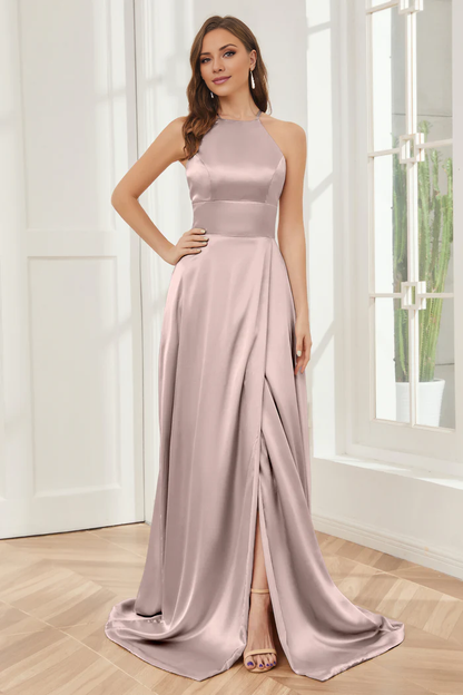 Column neck hanging soft satin and floor length bridesmaid dress