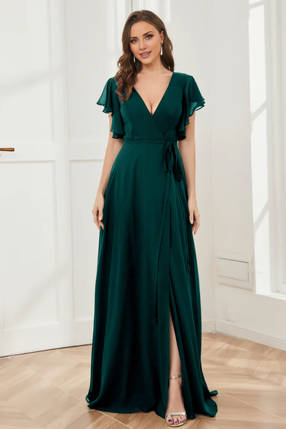 V-neck ruffled sleeve chiffon slit and floor length bridesmaid dress