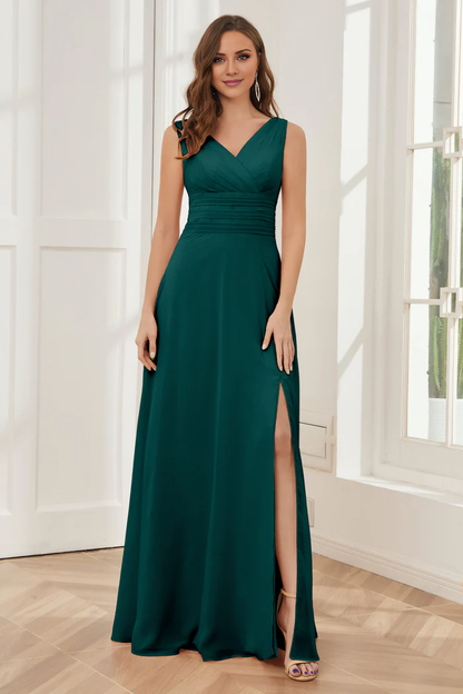 V-neck sleeveless chiffon side slit and floor length bridesmaid dress