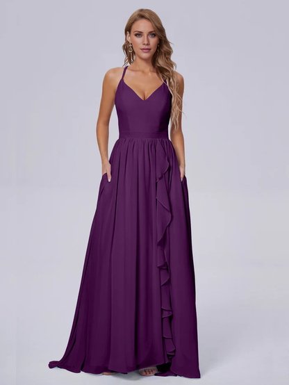 Elegant shoulder strap chiffon and floor length bridesmaid dress