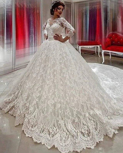 Modest 3/4 Sleeves Ball Gowns Lace Wedding Dresses - RongMoon