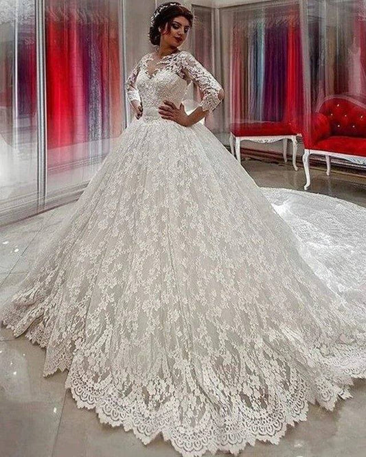 Modest 3/4 Sleeves Ball Gowns Lace Wedding Dresses - RongMoon