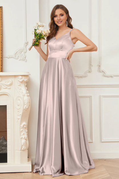 Thin shoulder strap V-neck soft satin and floor length bridesmaid dress
