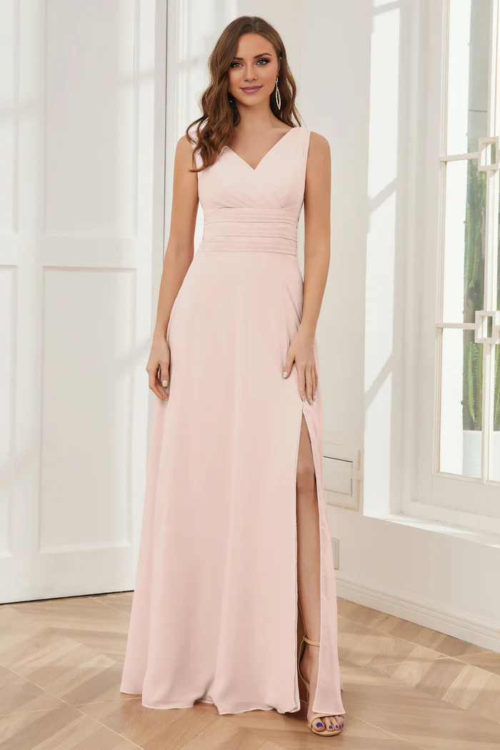 V-neck sleeveless chiffon side slit and floor length bridesmaid dress