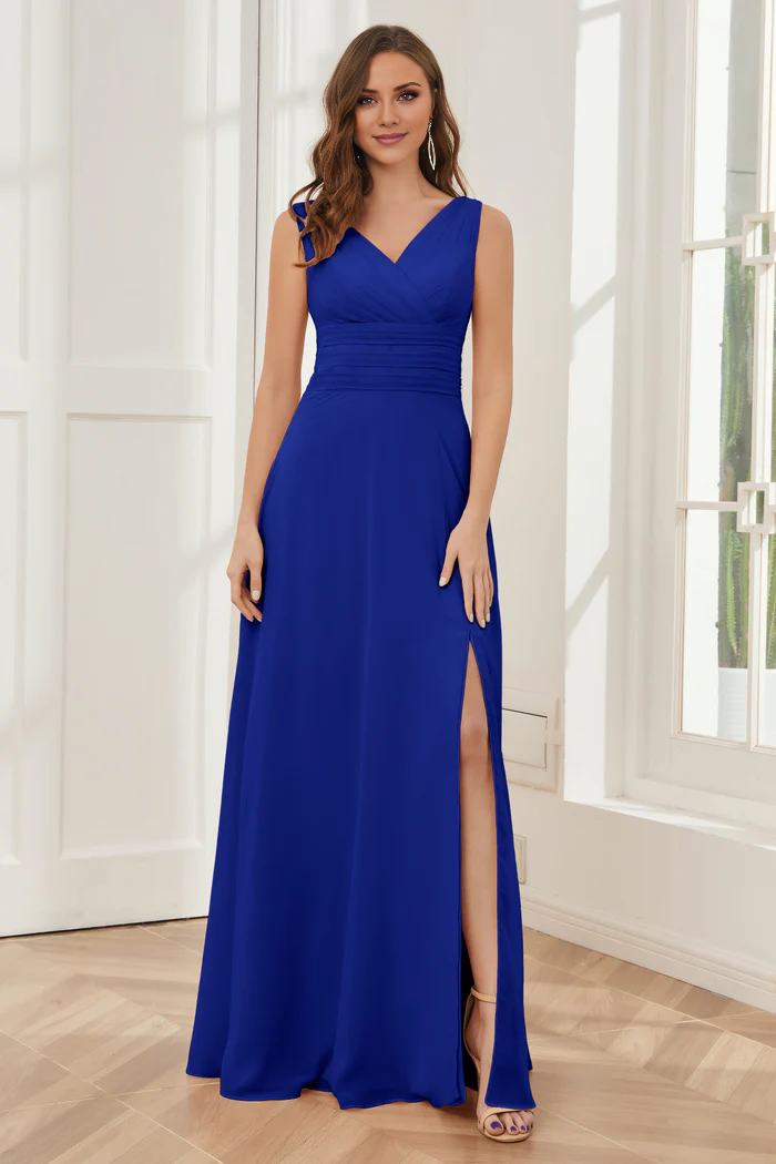 V-neck sleeveless chiffon side slit and floor length bridesmaid dress