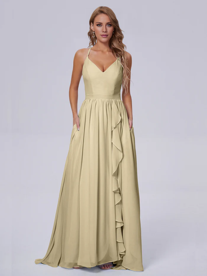Elegant shoulder strap chiffon and floor length bridesmaid dress