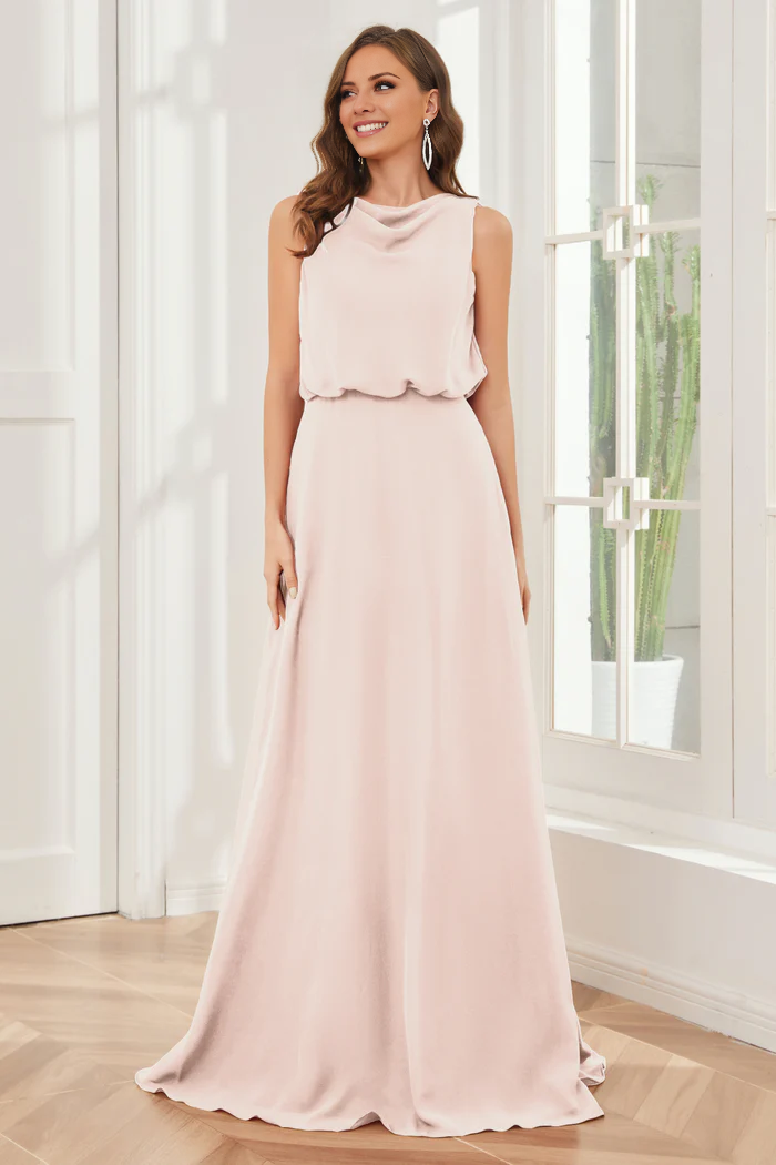 Pillar style wind neck sleeveless chiffon and floor length bridesmaid dress
