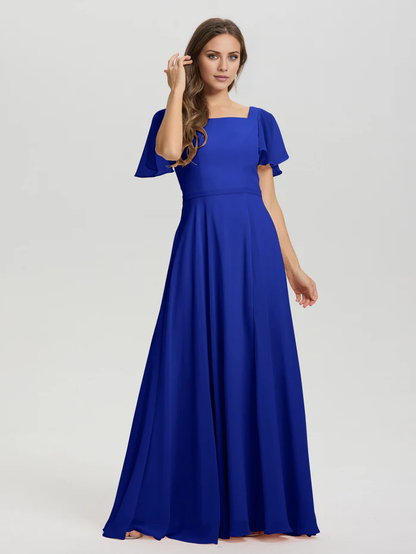 A-line square collar ruffled short sleeved and ground chiffon/ground length bridesmaid dress