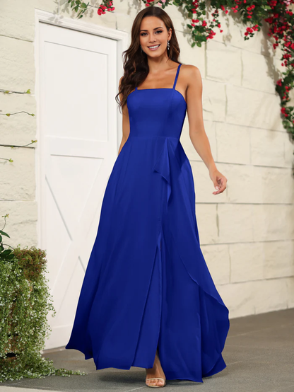 Beautiful chiffon thin shoulder strap and floor length bridesmaid dress