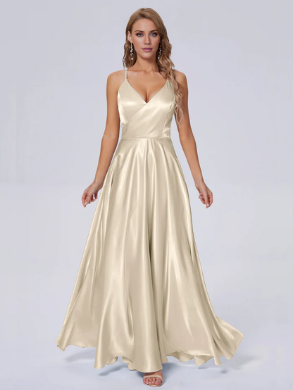 Elegant shoulder strap soft satin and floor length bridesmaid dress